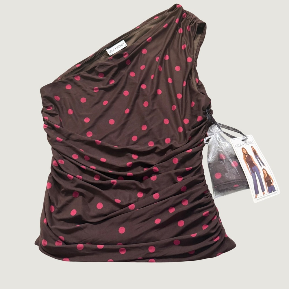 Milk + Honey One Shoulder Top Large Polka Dot Mesh Ruched Brown Pink Y2K Scarf